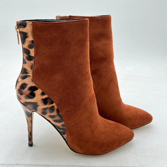 FSJ Brown High Heel Ankle Boots Leopard Print Pointed Toe Stilettos Zipper Shoes - Picture 4 of 8